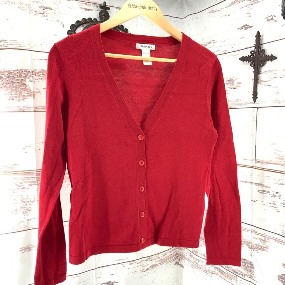 Y2K Noir Glam Core Harold's Cotton Crimson  Red V-Neck Cardigan Sweater  M